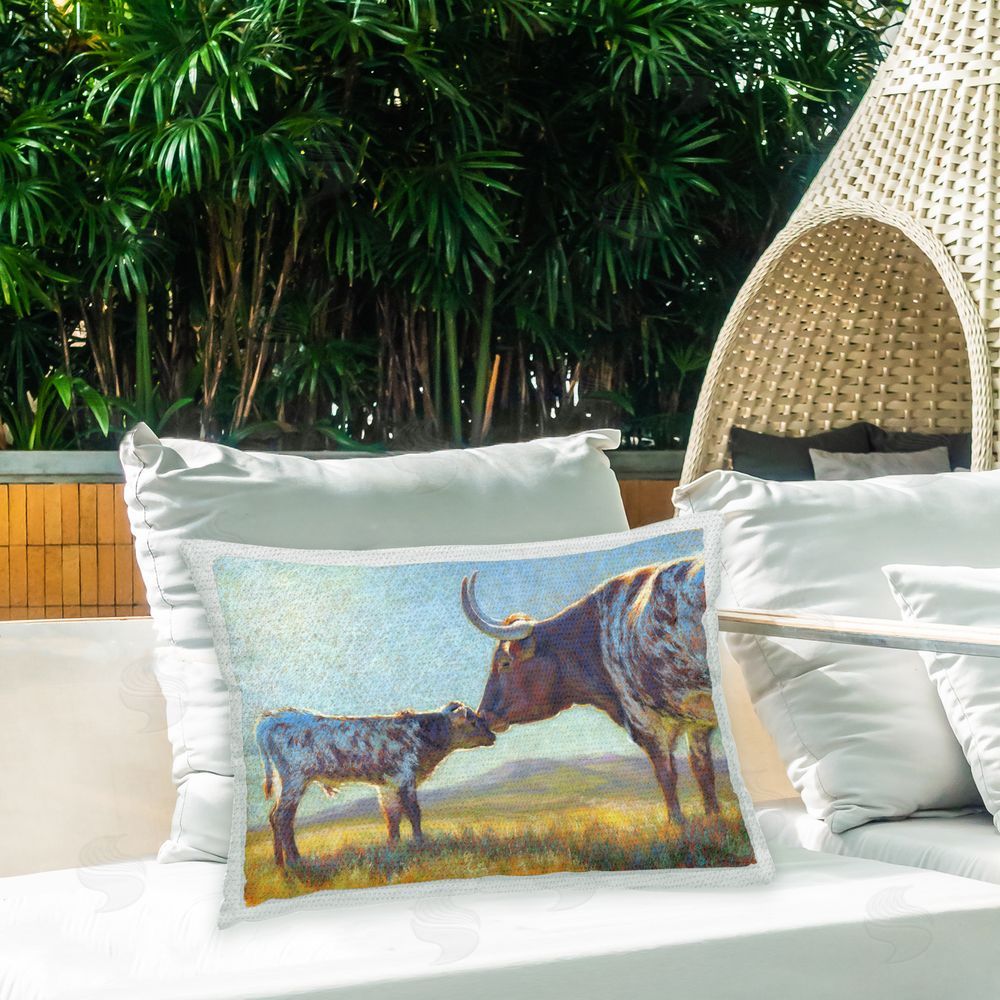Rita Kirkman Longhorn Cow & Baby Outdoor Quick-Dry Polyester Printed Throw Pillow in Back Yard