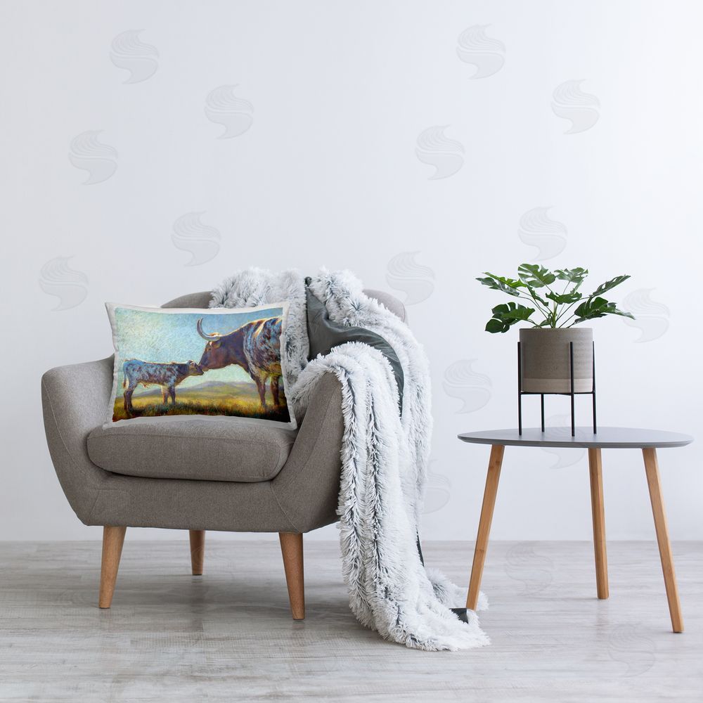 Rita Kirkman Longhorn Cow & Baby Printed Plush Polyester Throw Pillow On Chair