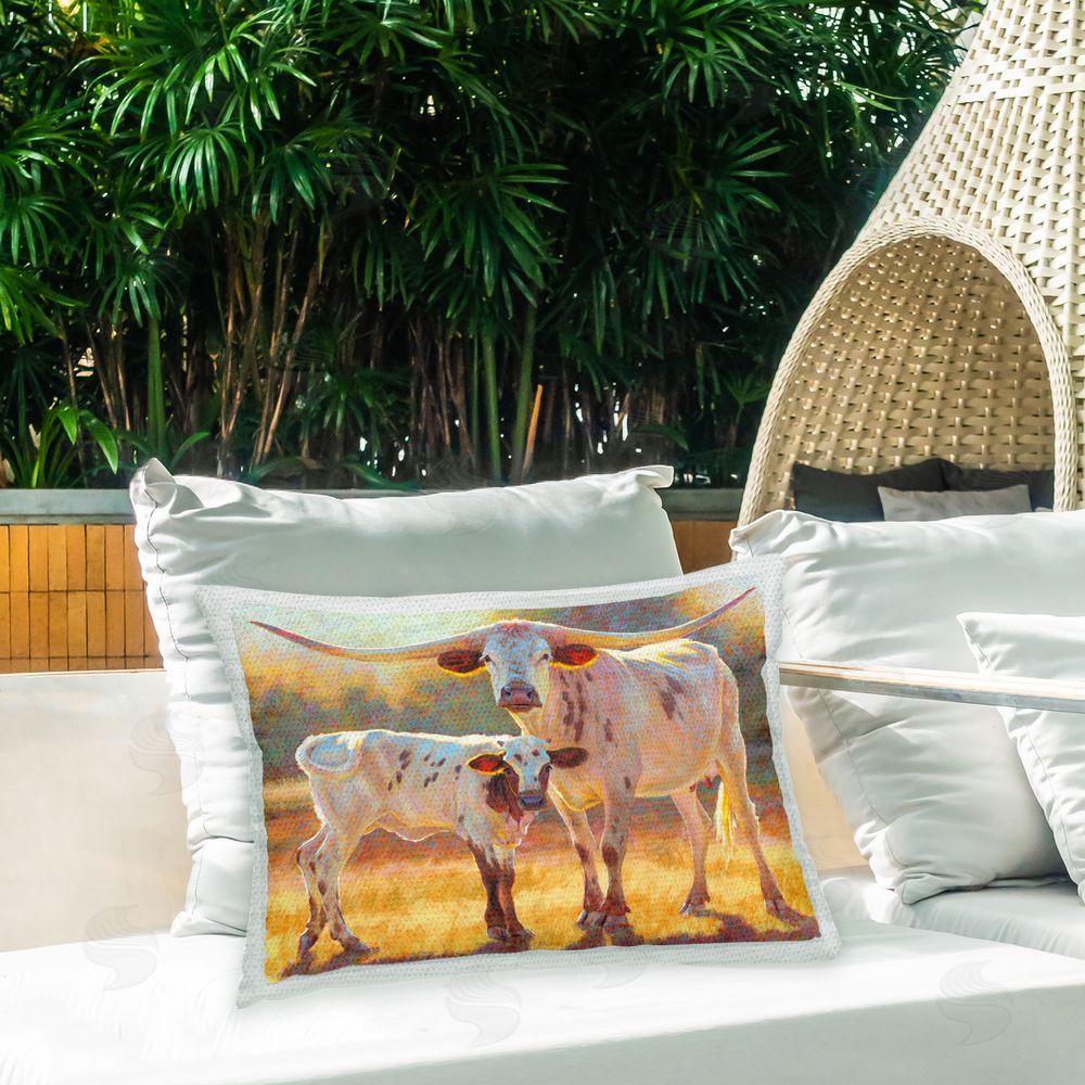 Rita Kirkman Longhorn & Calf Outdoor Quick-Dry Polyester Printed Throw Pillow in Back Yard