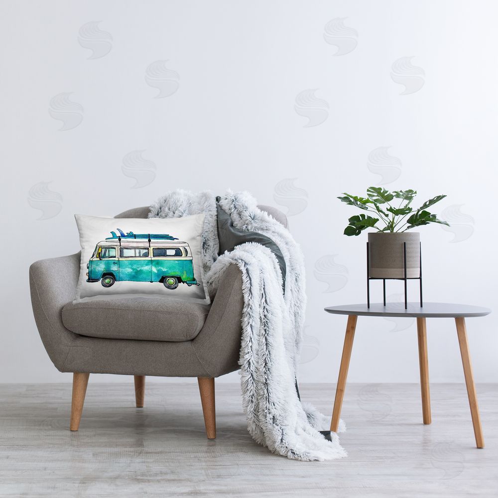 Paul McCreery Blue Summer Minibus Printed Plush Polyester Throw Pillow On Chair