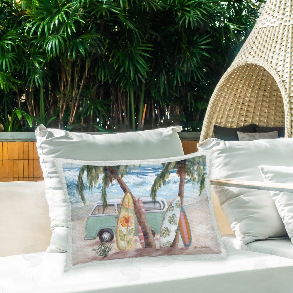 Pam Britton Surfboards in Tropical Scene Outdoor Quick-Dry Polyester Printed Throw Pillow in Back Yard