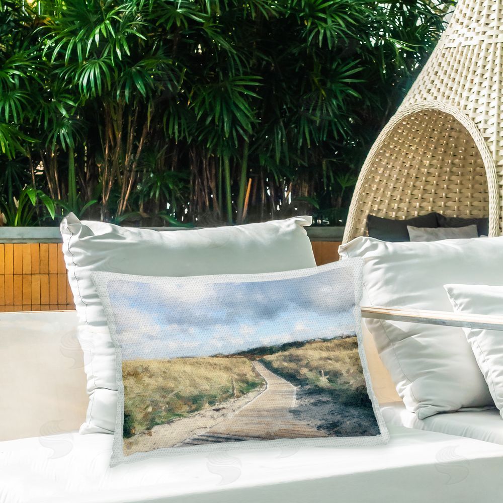 Kim Curinga Coastal Boardwalk Scenery Outdoor Quick-Dry Polyester Printed Throw Pillow in Back Yard