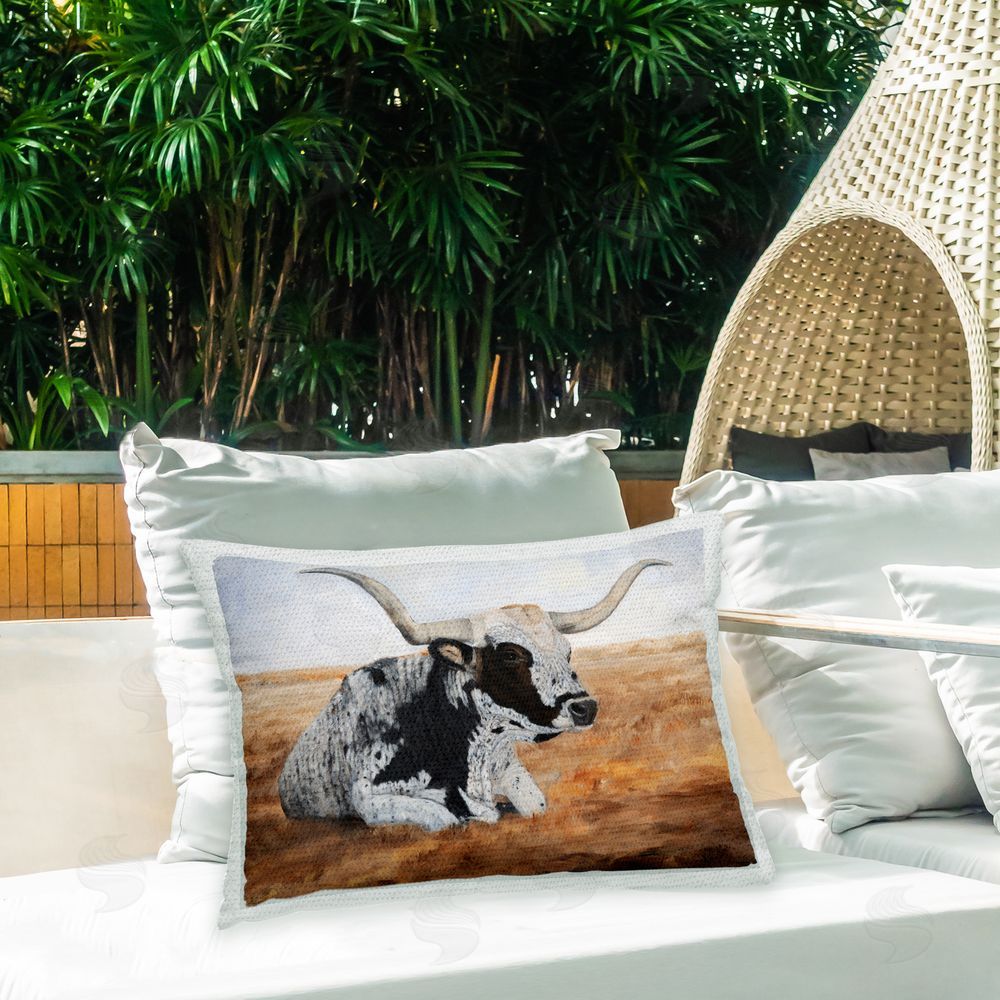 Kathy Winkler Longhorn Cow in Field Outdoor Quick-Dry Polyester Printed Throw Pillow in Back Yard