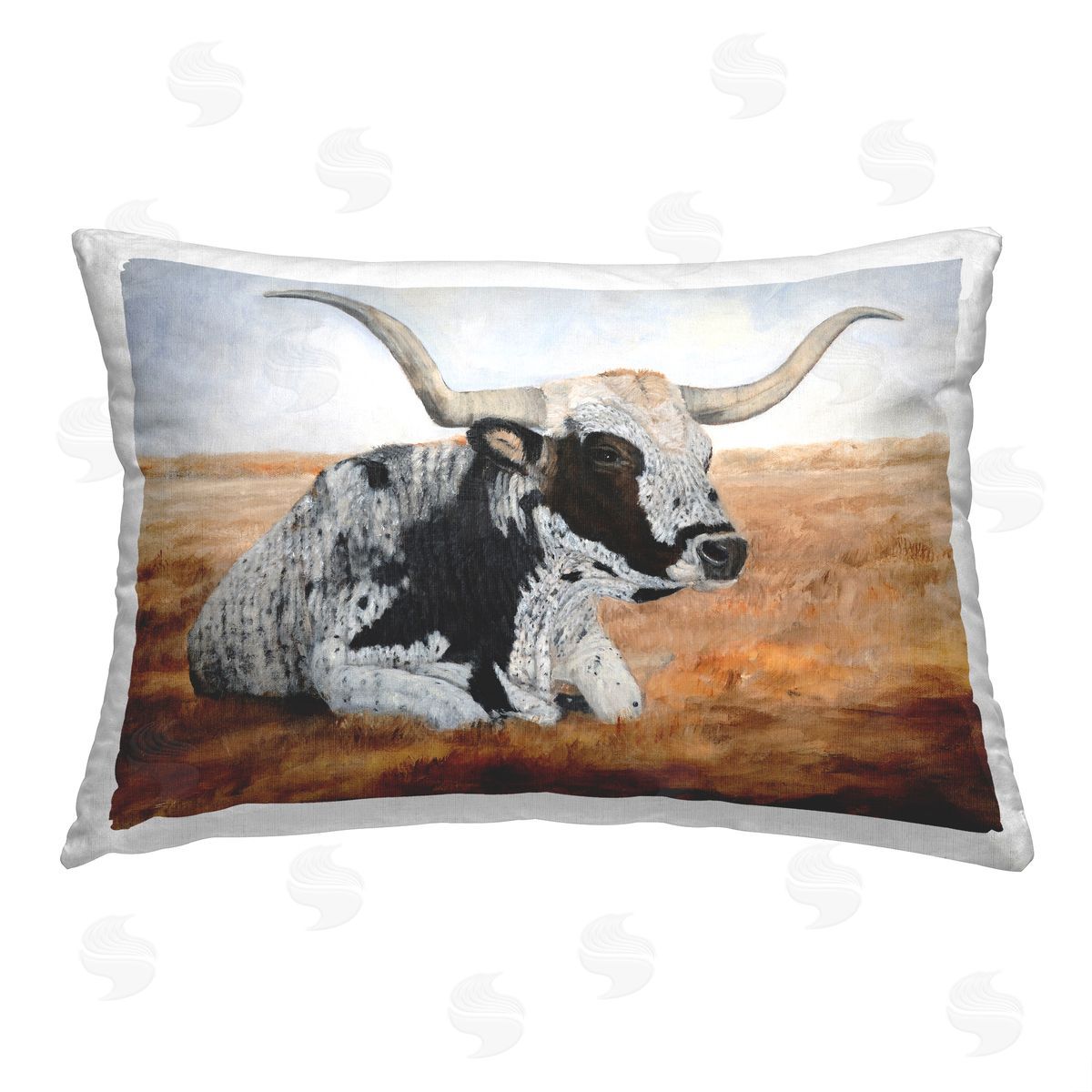 Kathy Winkler Longhorn Cow in Field Printed Plush Polyester Throw Pillow