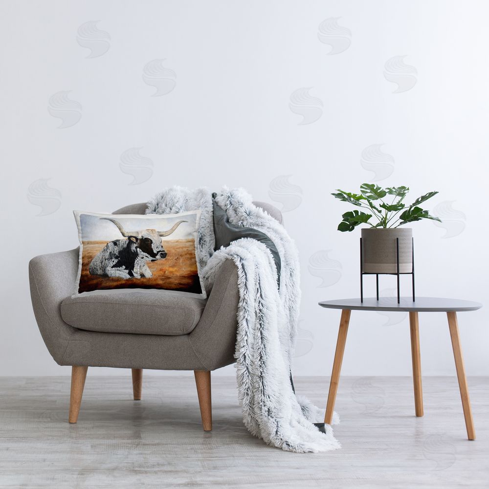 Kathy Winkler Longhorn Cow in Field Printed Plush Polyester Throw Pillow On Chair