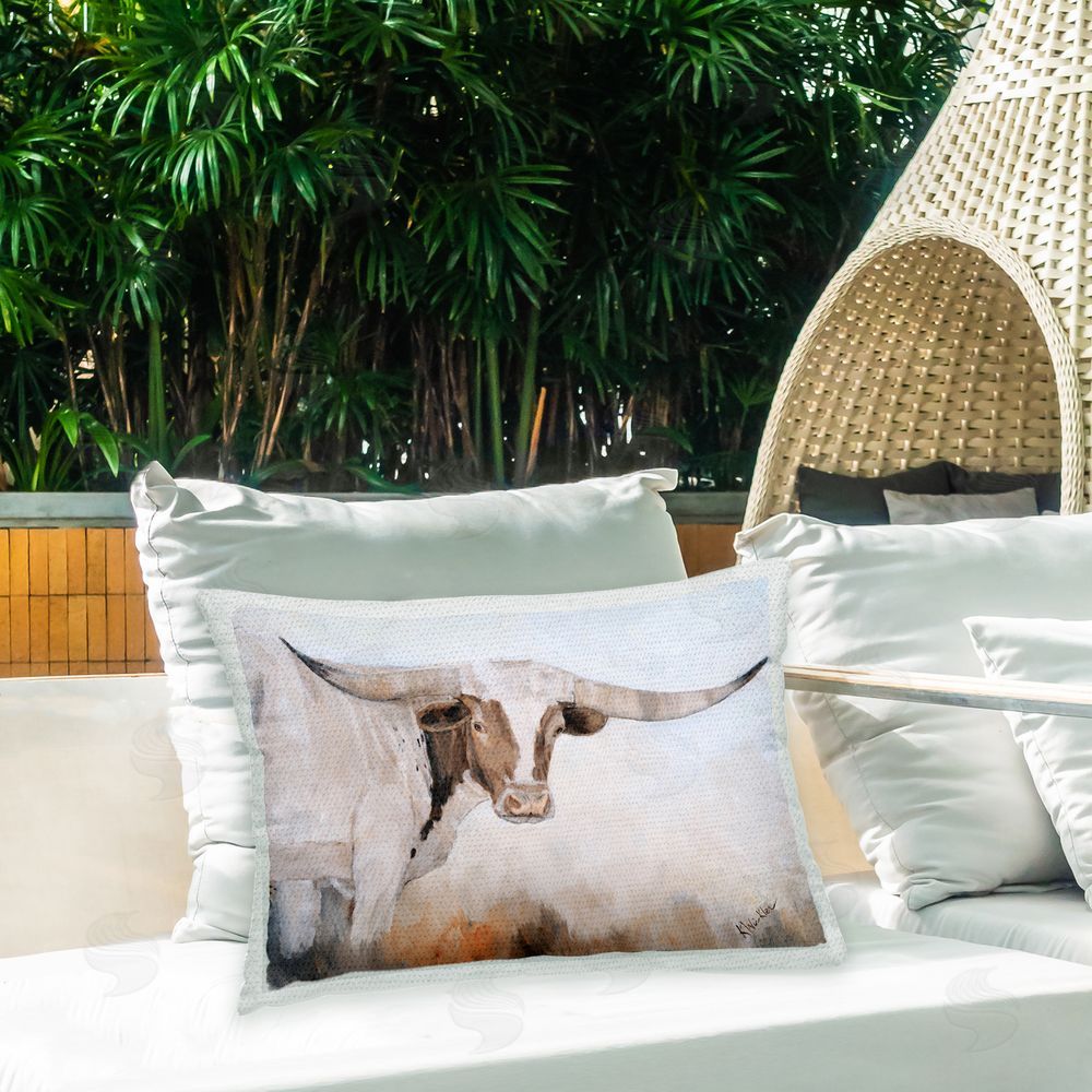 Kathy Winkler Abstract Longhorn Cow Outdoor Quick-Dry Polyester Printed Throw Pillow in Back Yard