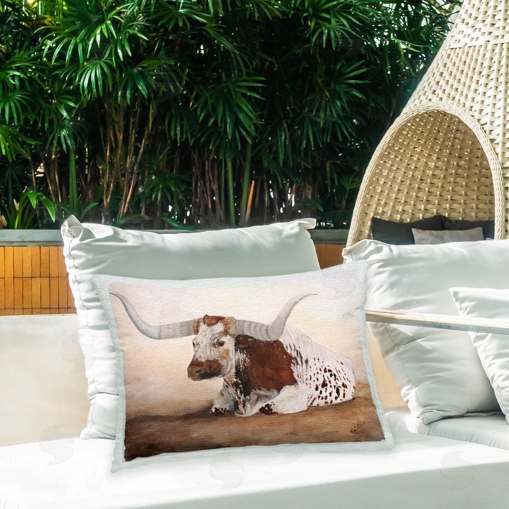Kathy Winkler Farmhouse Longhorn Portrait Outdoor Quick-Dry Polyester Printed Throw Pillow in Back Yard