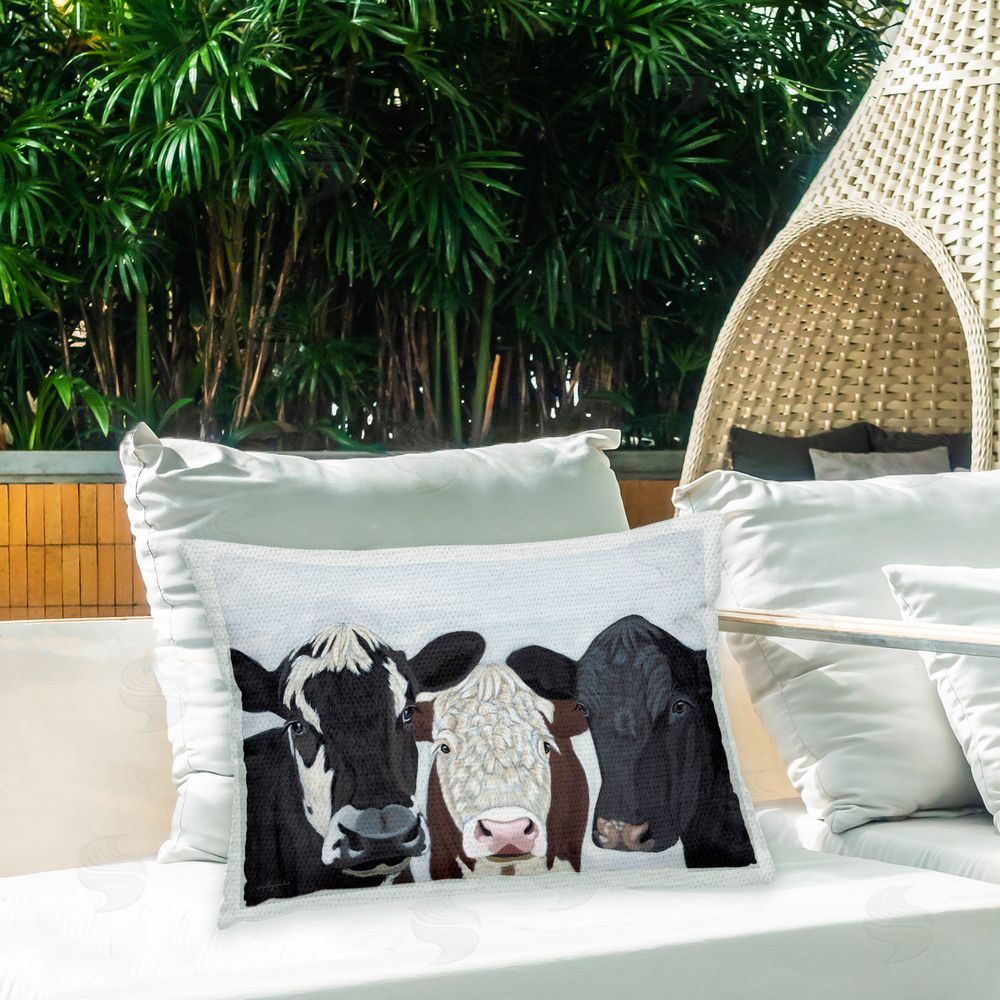 Ashley Justice Three Farmhouse Cows Outdoor Quick-Dry Polyester Printed Throw Pillow in Back Yard