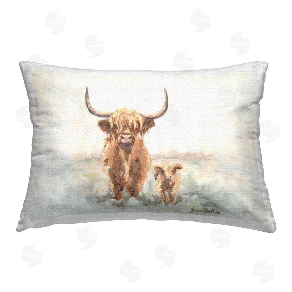 Sara Baker Highland Cow & Baby Outdoor Quick-Dry Polyester Printed Throw Pillow