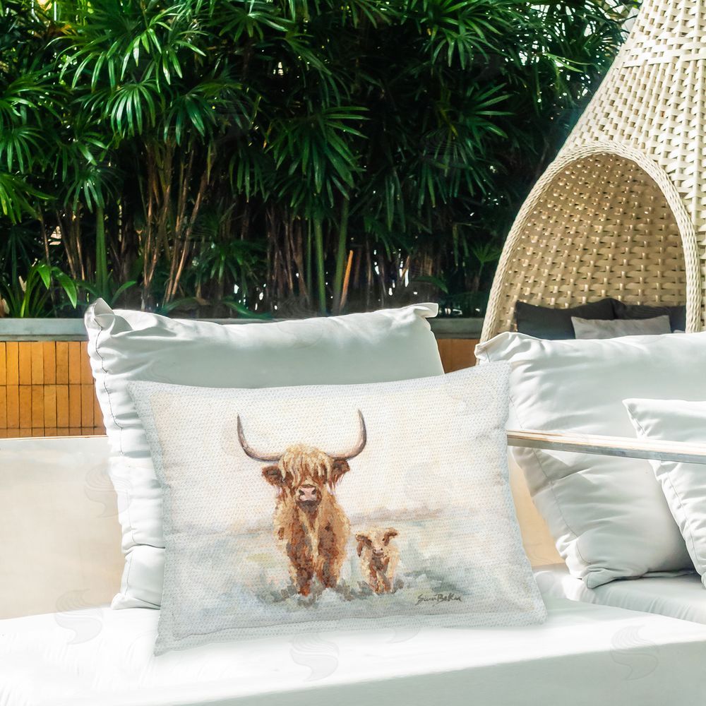 Sara Baker Highland Cow & Baby Outdoor Quick-Dry Polyester Printed Throw Pillow in Back Yard