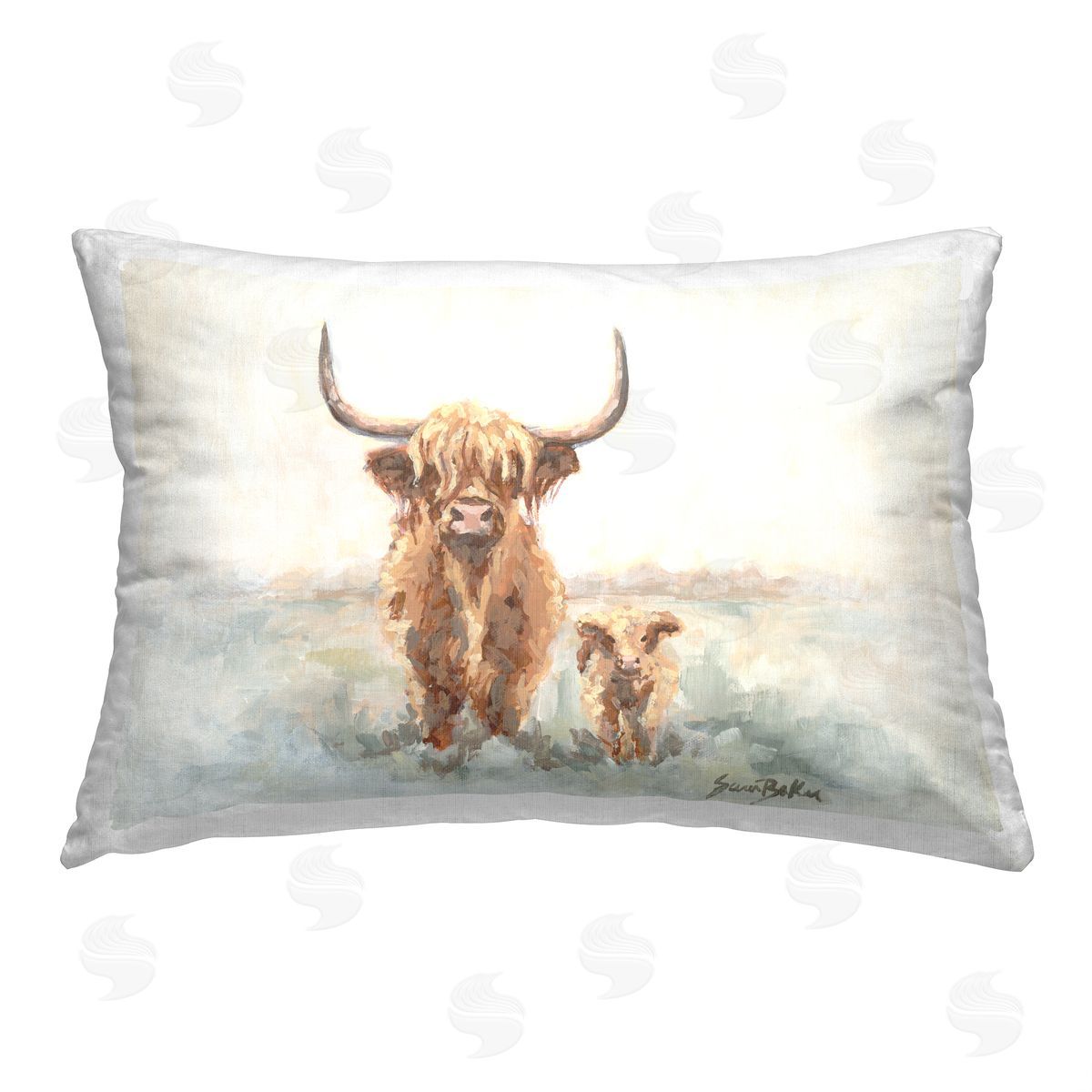 Sara Baker Highland Cow & Baby Printed Plush Polyester Throw Pillow