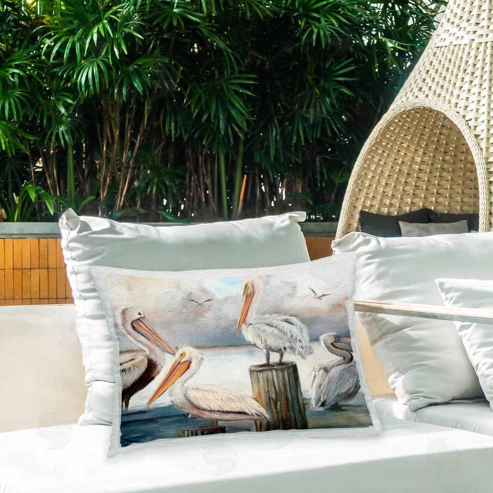 Ziwei Li Pelicans at Seaside Outdoor Quick-Dry Polyester Printed Throw Pillow in Back Yard