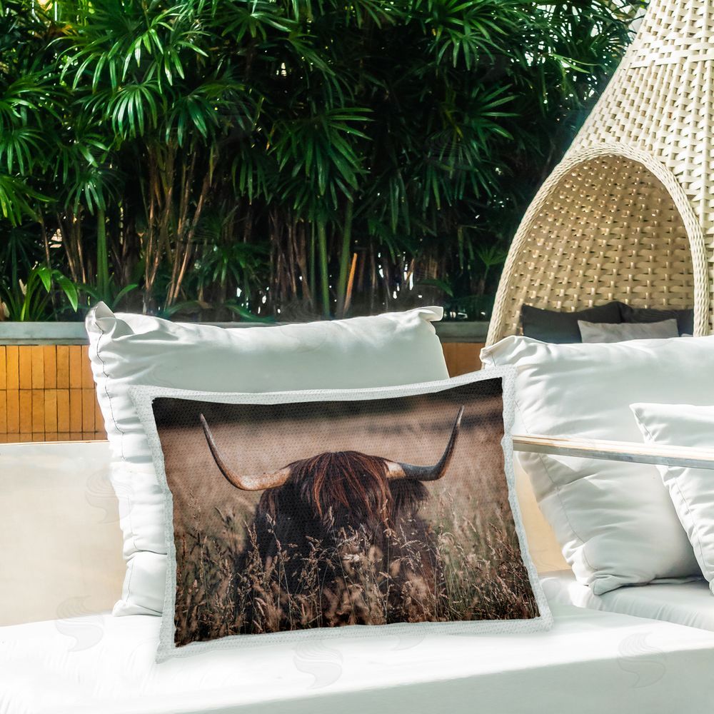 Stupell Studio Brown Highland Cattle Outdoor Quick-Dry Polyester Printed Throw Pillow in Back Yard