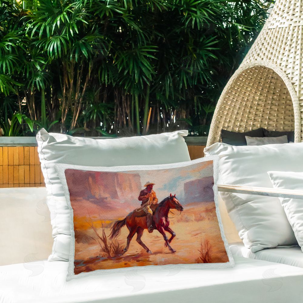 Ziwei Li Cowboy Desert Landscape Outdoor Quick-Dry Polyester Printed Throw Pillow in Back Yard