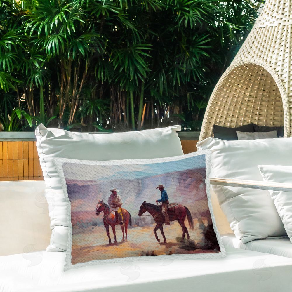 Ziwei Li Desert Cowboys Scene Outdoor Quick-Dry Polyester Printed Throw Pillow in Back Yard