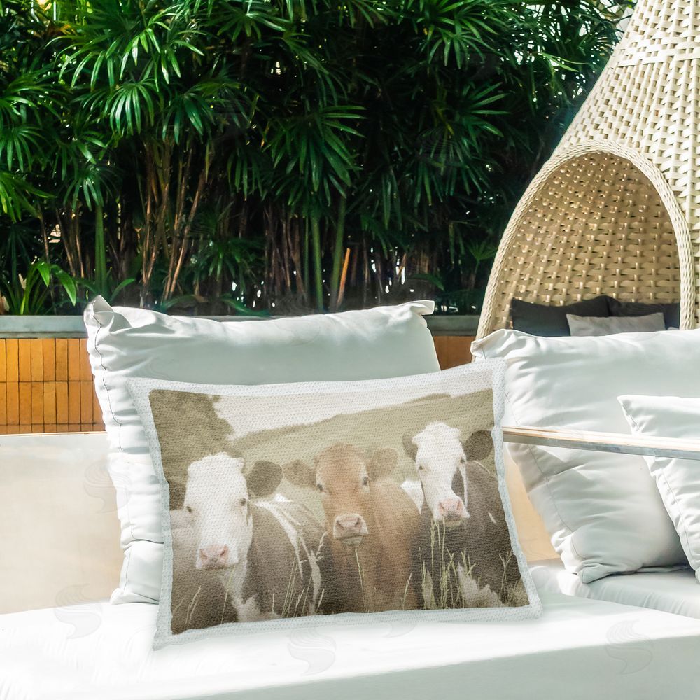 Daphne Polselli Cows in Rural Field Outdoor Quick-Dry Polyester Printed Throw Pillow in Back Yard