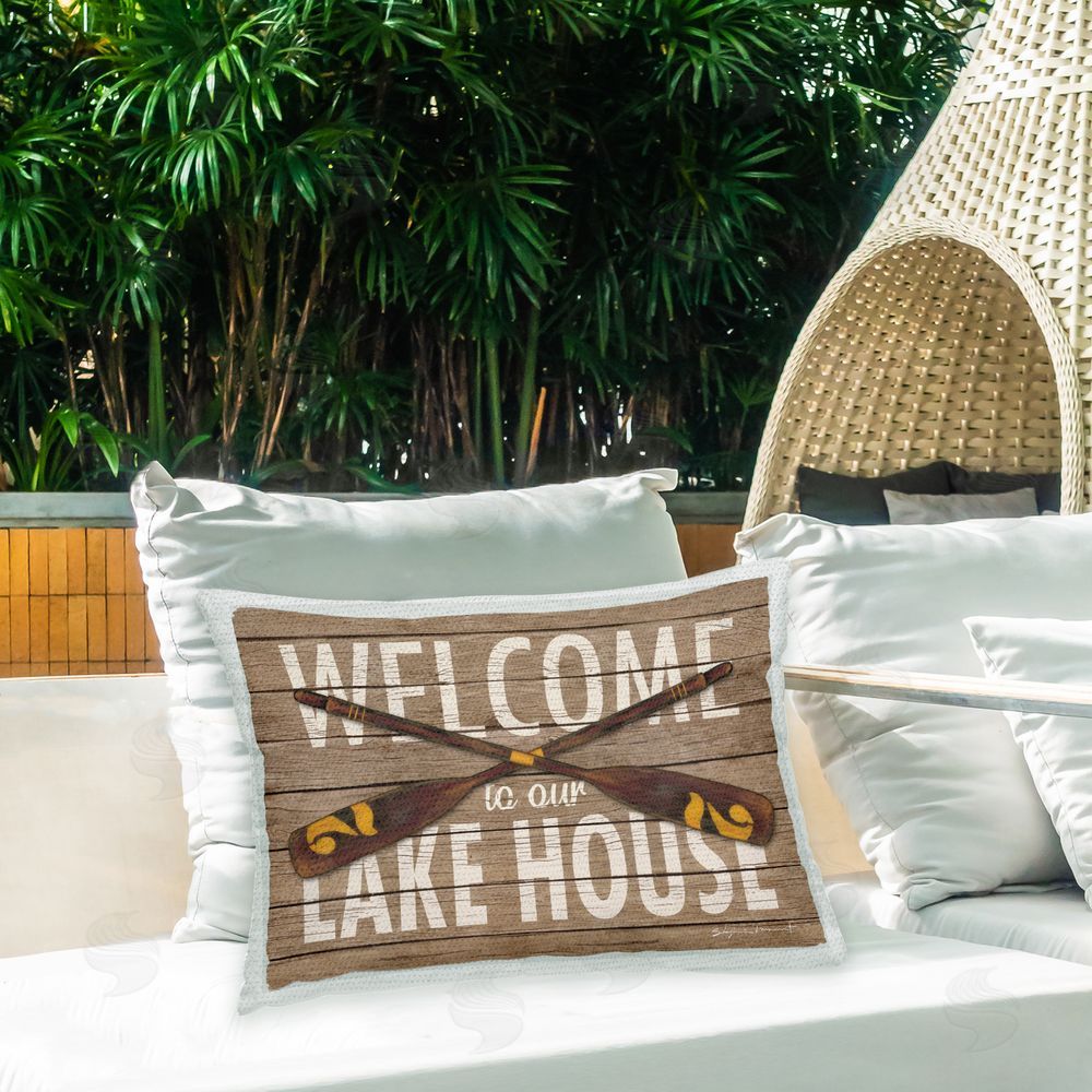 Stephanie Workman Marrott Welcome Lake House Outdoor Quick-Dry Polyester Printed Throw Pillow in Back Yard