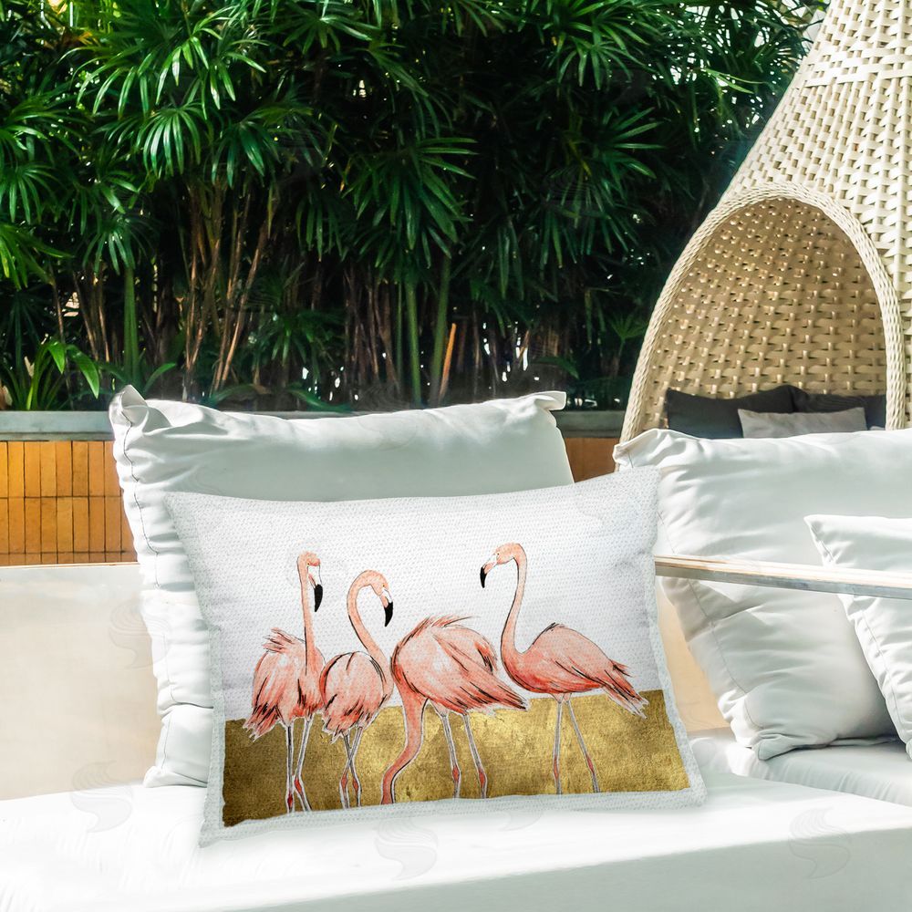 Michael Willett Flamingos with Glam Detail Outdoor Quick-Dry Polyester Printed Throw Pillow in Back Yard