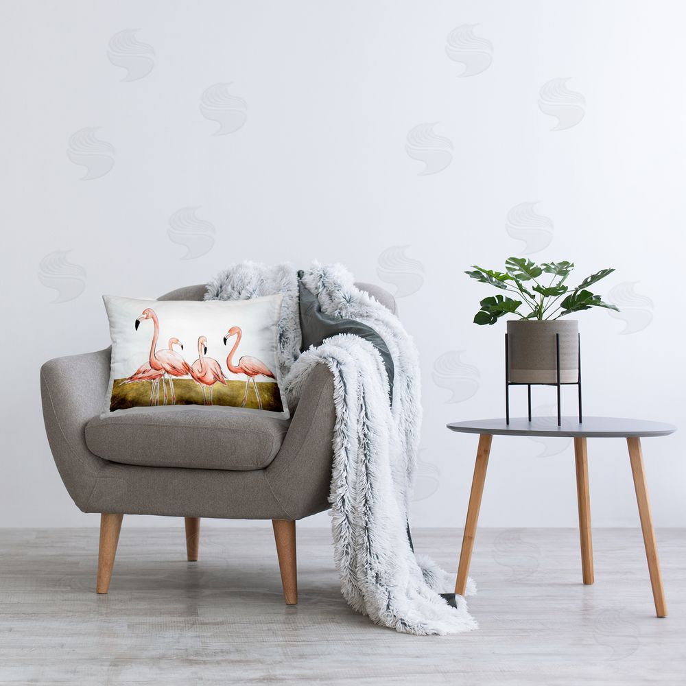 Michael Willett Flamingo Flock on Gold Printed Plush Polyester Throw Pillow On Chair