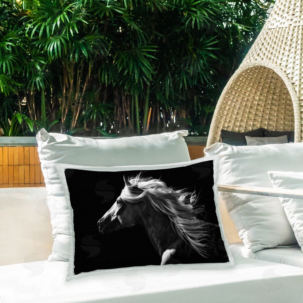 PH Burchett Dark Silhouette Horse Outdoor Quick-Dry Polyester Printed Throw Pillow in Back Yard