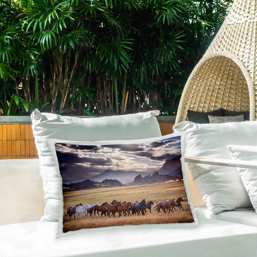 PH Burchett Horse Herd Mountain Scenery Outdoor Quick-Dry Polyester Printed Throw Pillow in Back Yard