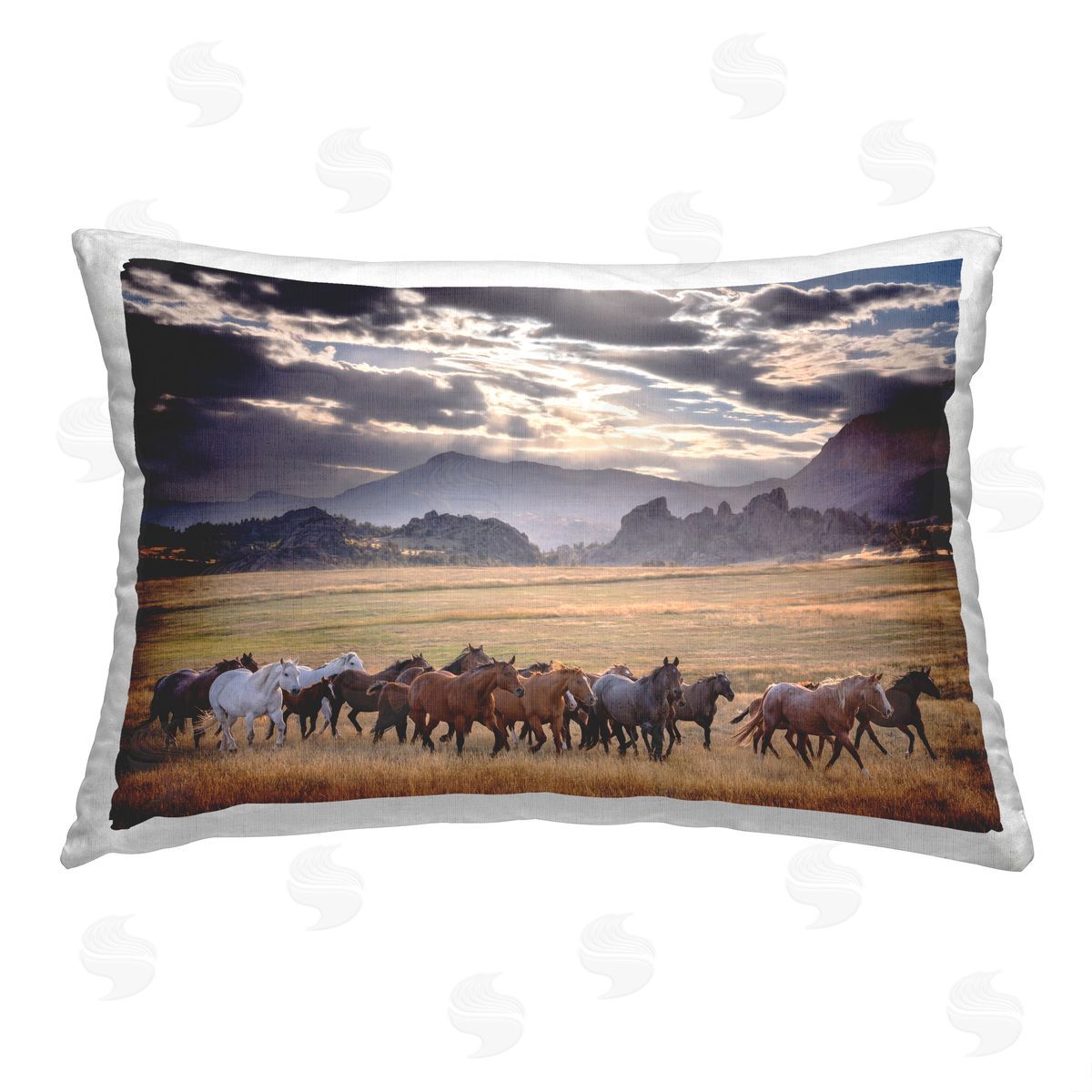 PH Burchett Horse Herd Mountain Scenery Printed Plush Polyester Throw Pillow