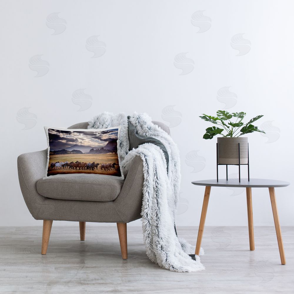 PH Burchett Horse Herd Mountain Scenery Printed Plush Polyester Throw Pillow On Chair