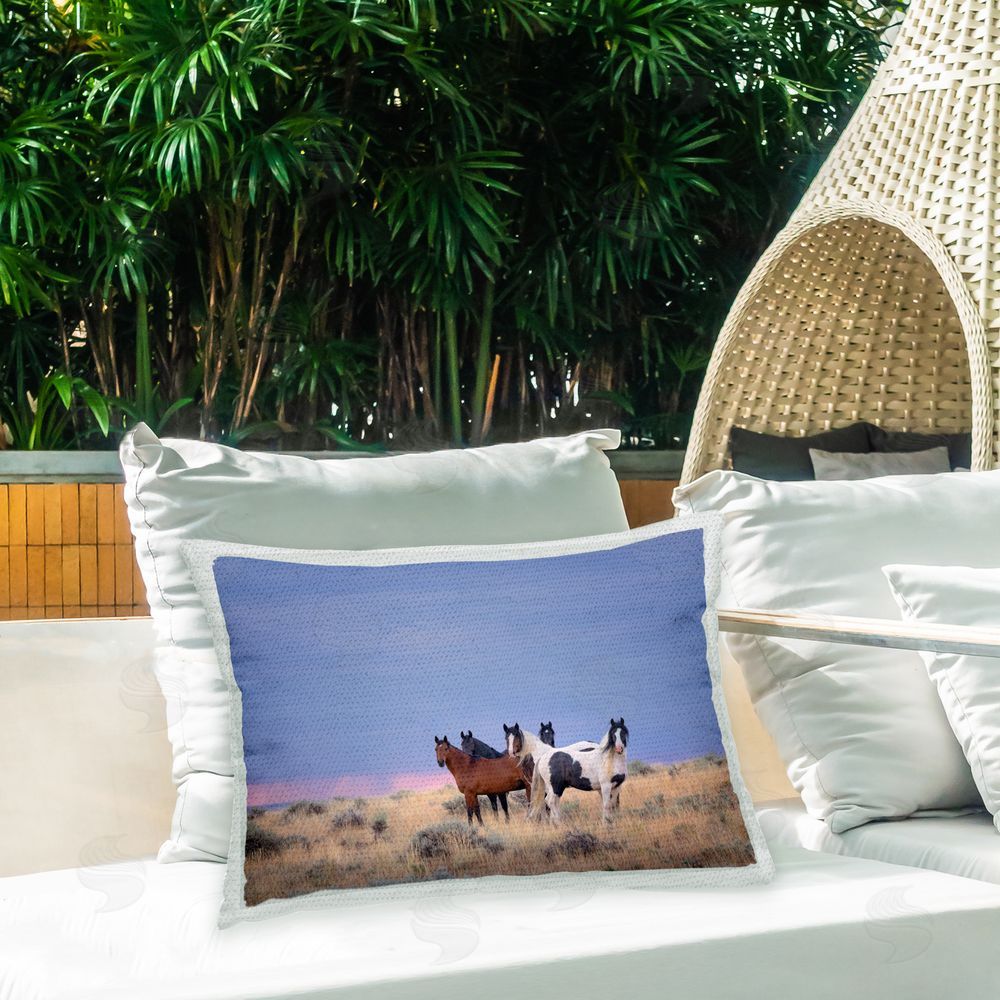 PH Burchett Horses in Vast Pasture Outdoor Quick-Dry Polyester Printed Throw Pillow in Back Yard