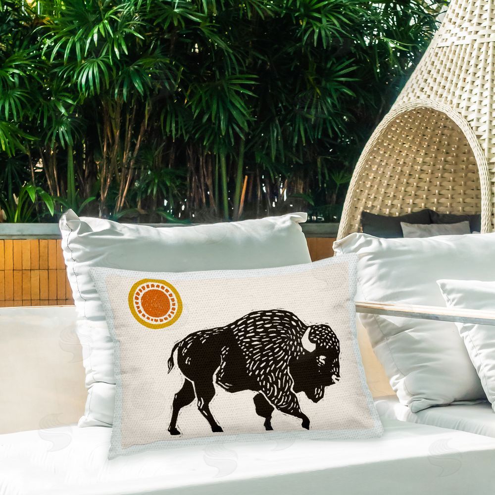 Victoria Barnes Boho Bison Silhouette Outdoor Quick-Dry Polyester Printed Throw Pillow in Back Yard