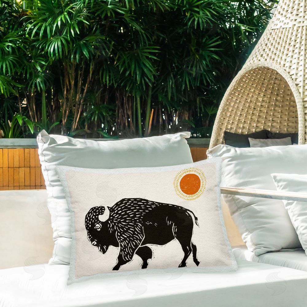 Victoria Barnes Boho Bison & Sun Outdoor Quick-Dry Polyester Printed Throw Pillow in Back Yard