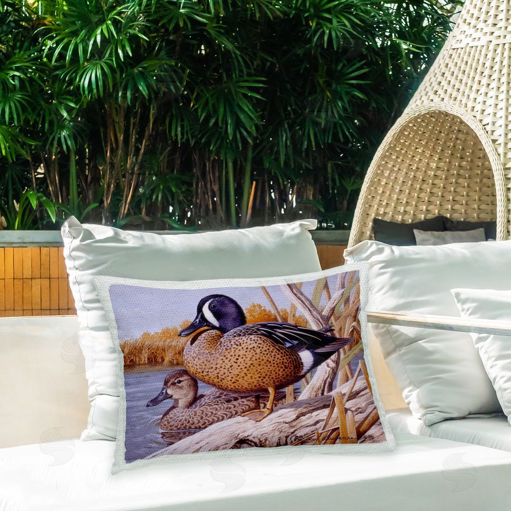 Rod Lawrence Ducks in Pond Nature Outdoor Quick-Dry Polyester Printed Throw Pillow in Back Yard