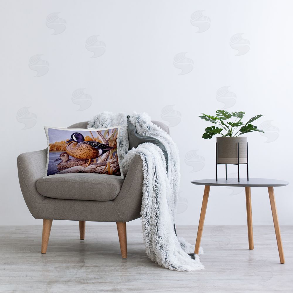 Rod Lawrence Ducks in Pond Nature Printed Plush Polyester Throw Pillow On Chair