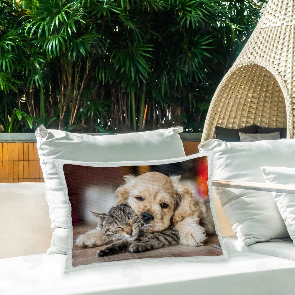 Peter Cech Cuddling Puppy & Kitten Outdoor Quick-Dry Polyester Printed Throw Pillow in Back Yard