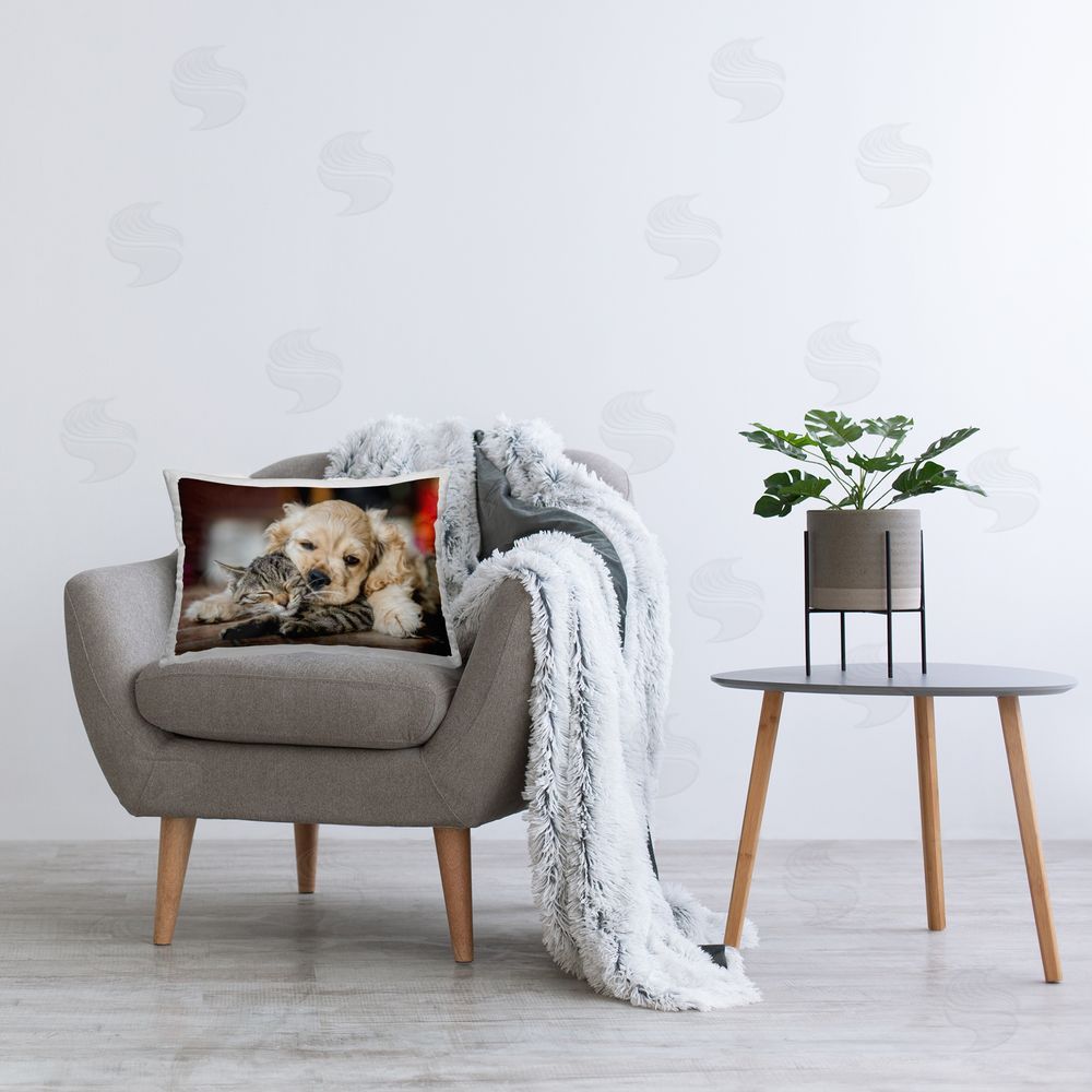 Peter Cech Cuddling Puppy & Kitten Printed Plush Polyester Throw Pillow On Chair