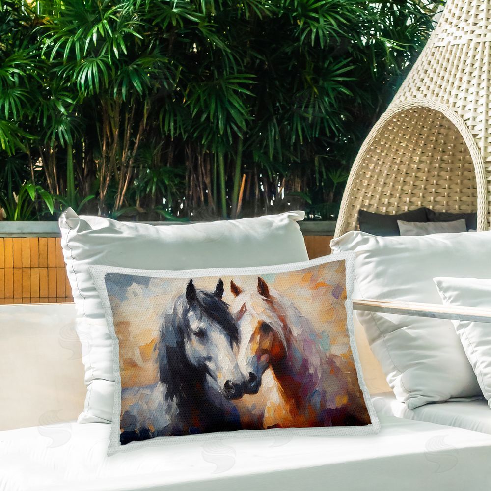 Ramona Murdock Abstract Horse Duo Portrait Outdoor Quick-Dry Polyester Printed Throw Pillow in Back Yard