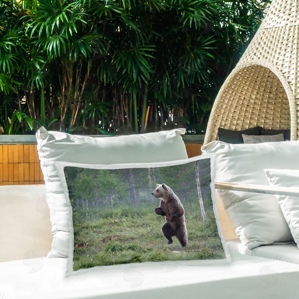 Alex Jevon Bear Standing in Forest Outdoor Quick-Dry Polyester Printed Throw Pillow in Back Yard