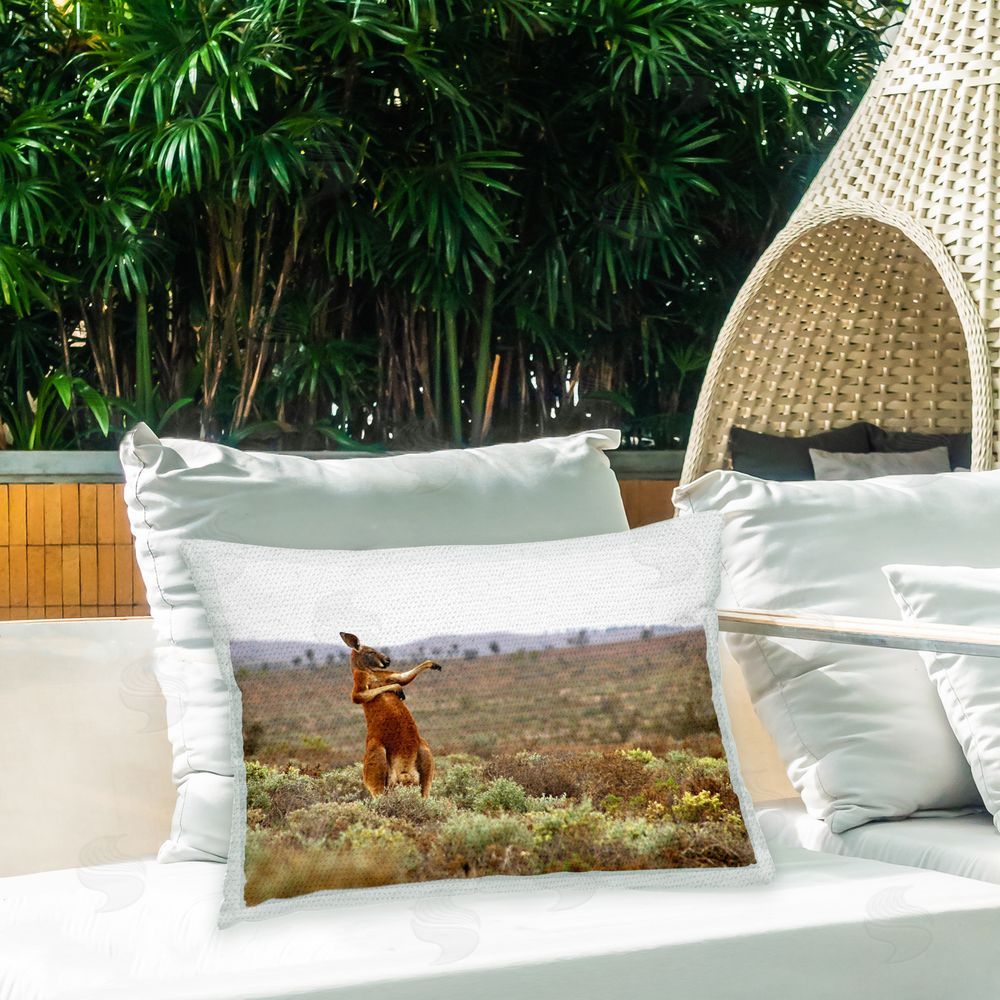 Andrey Glijov Funny Kangaroo in Nature Outdoor Quick-Dry Polyester Printed Throw Pillow in Back Yard