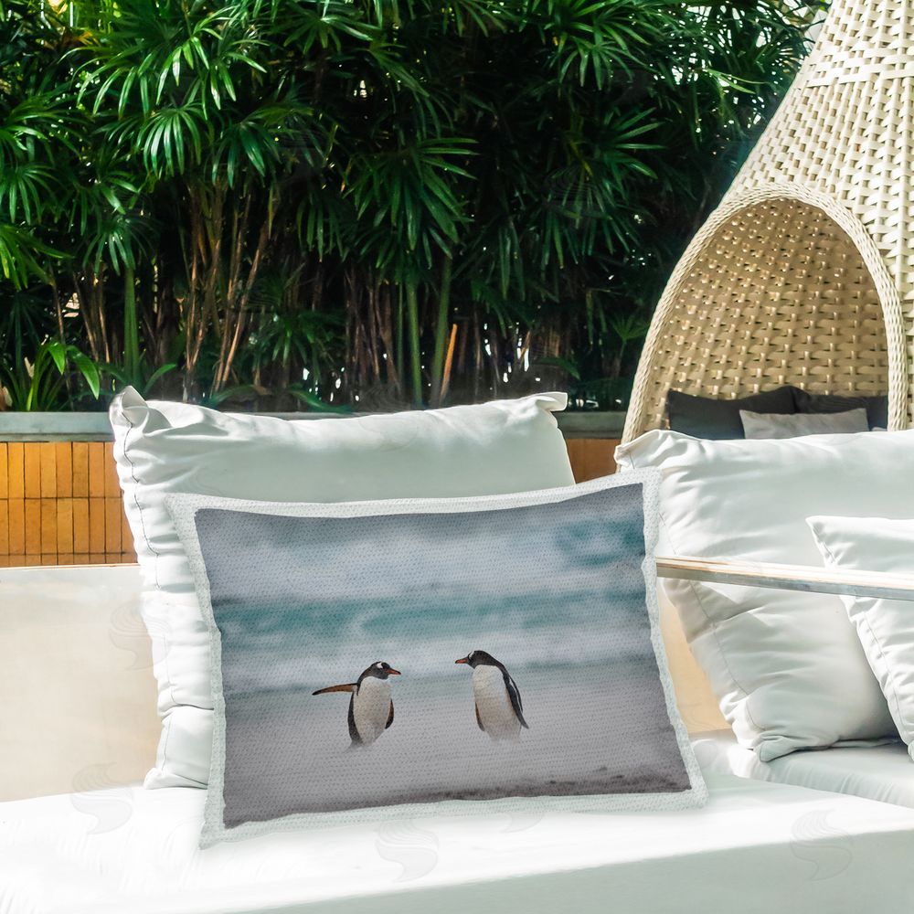 Carol Taylor Penguin Duo on Beach Outdoor Quick-Dry Polyester Printed Throw Pillow in Back Yard