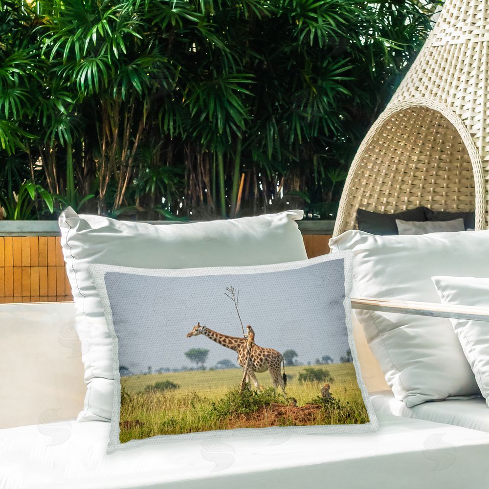Dirk Jan Steehouwer Giraffe & Monkey Landscape Outdoor Quick-Dry Polyester Printed Throw Pillow in Back Yard