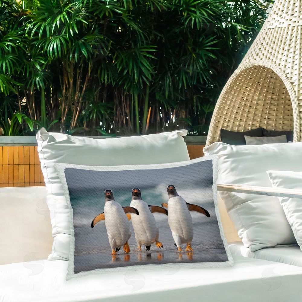 Joshua Galicki Dancing Penguins on Beach Outdoor Quick-Dry Polyester Printed Throw Pillow in Back Yard
