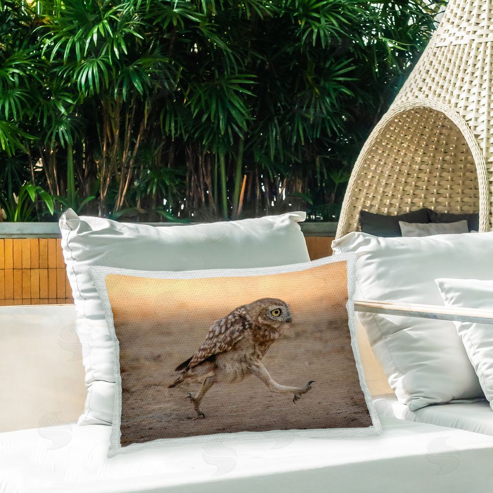 Shuli Greenstein Running Owl at Sunset Outdoor Quick-Dry Polyester Printed Throw Pillow in Back Yard