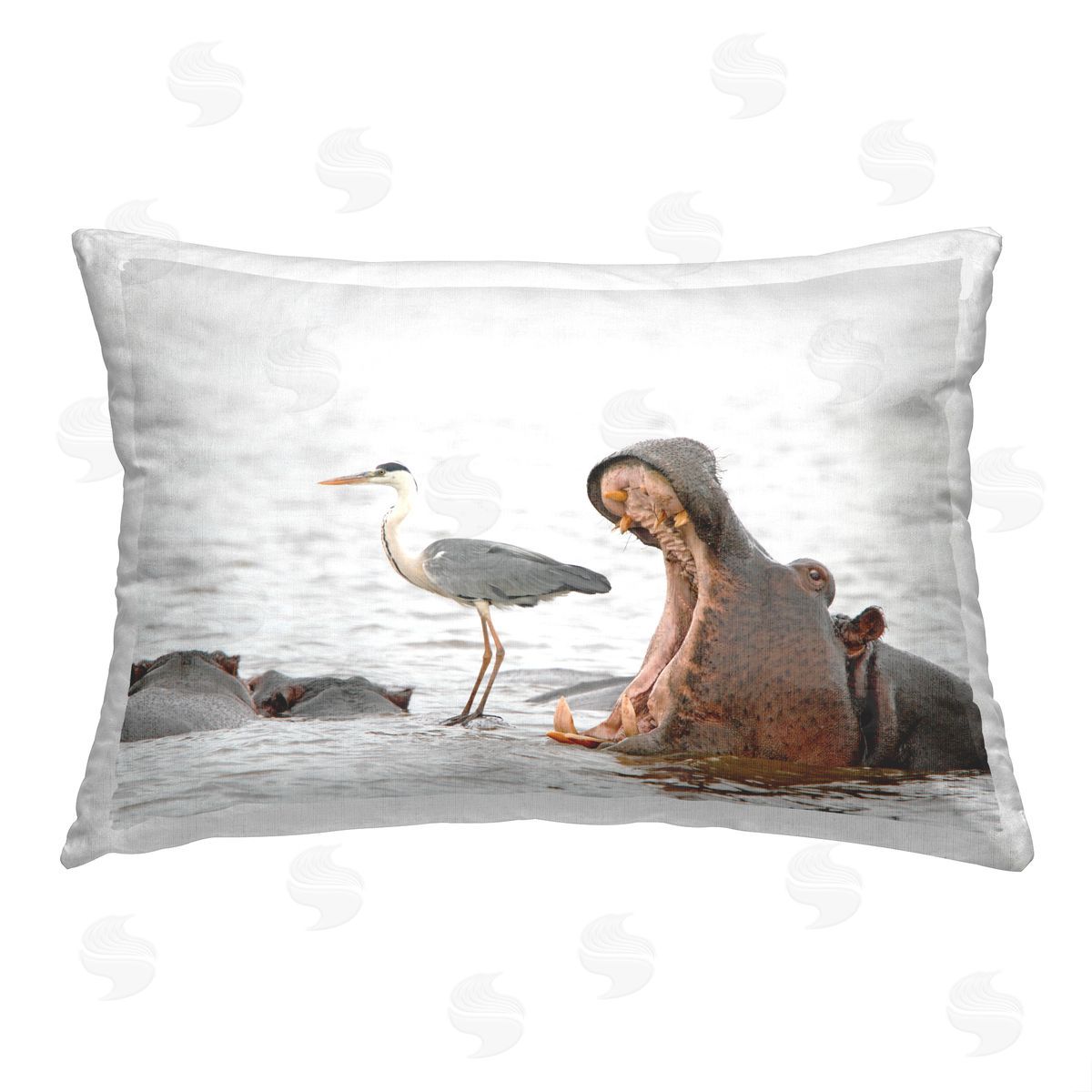 Jean Jacques Alcalay Hippo & Heron Scene Printed Plush Polyester Throw Pillow