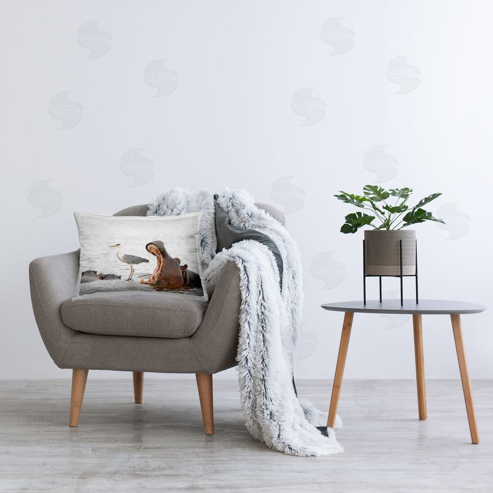 Jean Jacques Alcalay Hippo & Heron Scene Printed Plush Polyester Throw Pillow On Chair