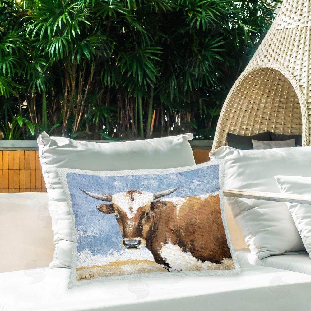 Leah Noel Art Charming Farmhouse Cattle Outdoor Quick-Dry Polyester Printed Throw Pillow in Back Yard