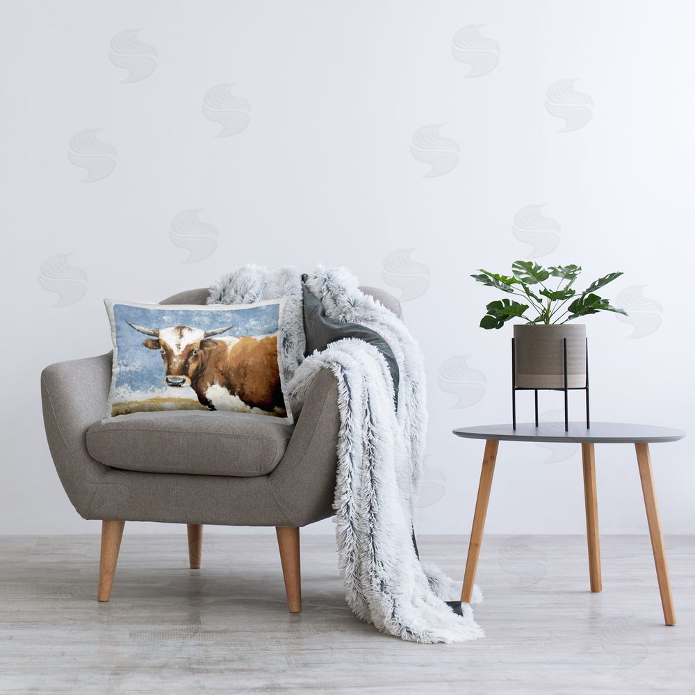 Leah Noel Art Charming Farmhouse Cattle Printed Plush Polyester Throw Pillow On Chair
