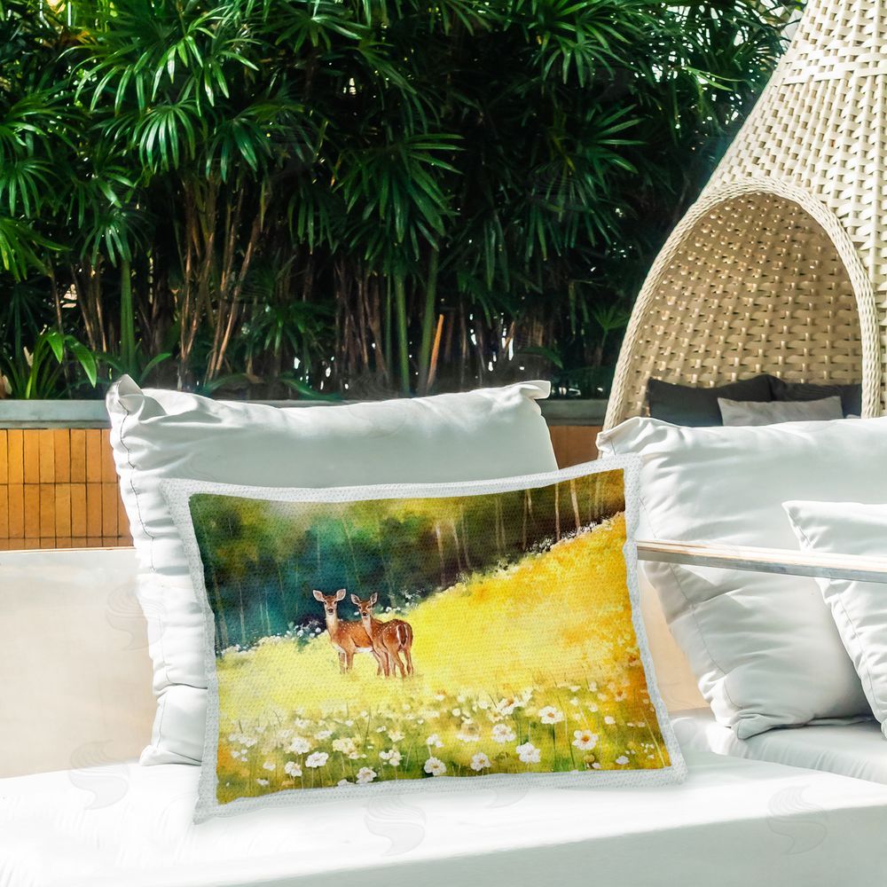 Ziwei Li Deer in Forest Meadow Outdoor Quick-Dry Polyester Printed Throw Pillow in Back Yard