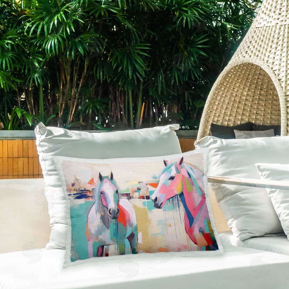 Irena Orlov Horses & Modern Drip Outdoor Quick-Dry Polyester Printed Throw Pillow in Back Yard