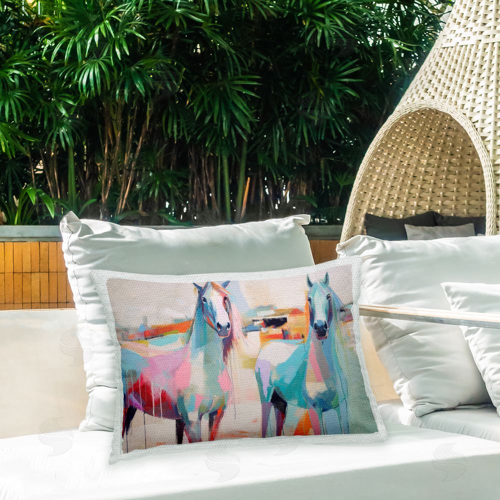 Irena Orlov Abstract Pastel Horses Outdoor Quick-Dry Polyester Printed Throw Pillow in Back Yard