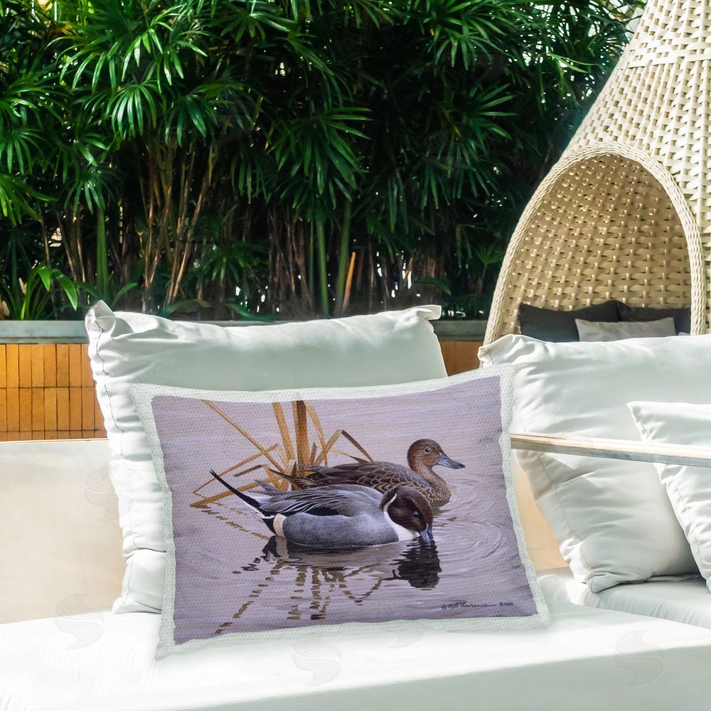 Rod Lawrence Ducks with Pond Ripples Outdoor Quick-Dry Polyester Printed Throw Pillow in Back Yard