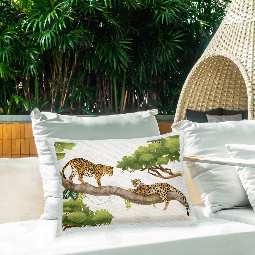Lucca Sheppard Leopards in Tree Outdoor Quick-Dry Polyester Printed Throw Pillow in Back Yard